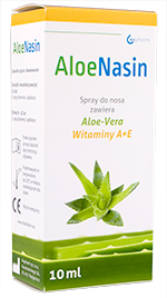 AloeNasin spray do nawilżania i regeneracji śluzówki nosa z witaminami A+e i Aloesem opakowanie